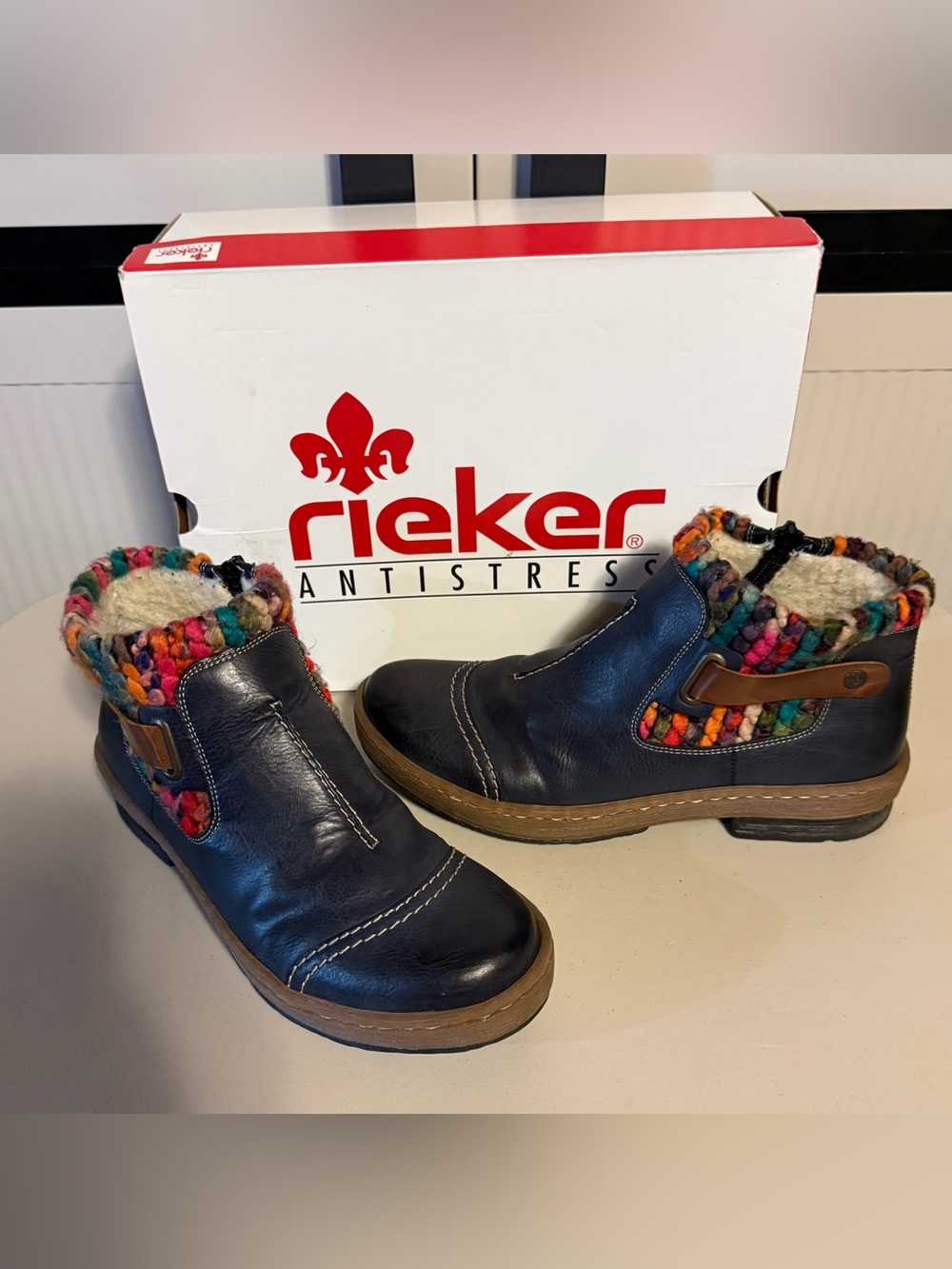 Rieker Navy Leather Ankle Boots with Multicolor Knit Cuff Cute with Jeans!!